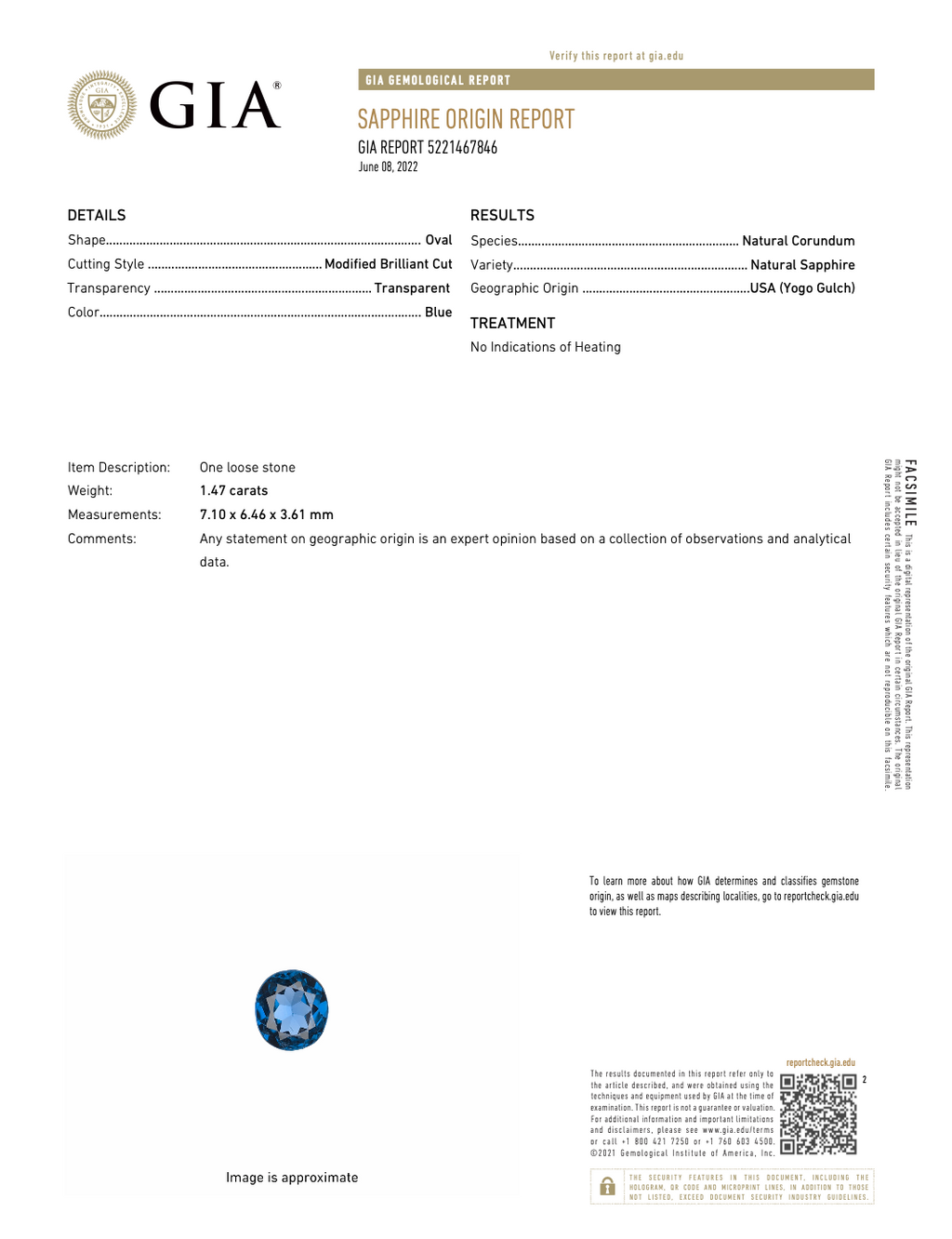 1.47 ct Unheated Yogo Sapphire — GIA Origin Report