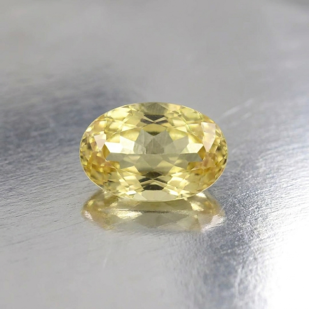 An oval-cut yellow gemstone with faceted reflections, resting on a reflective silver surface.