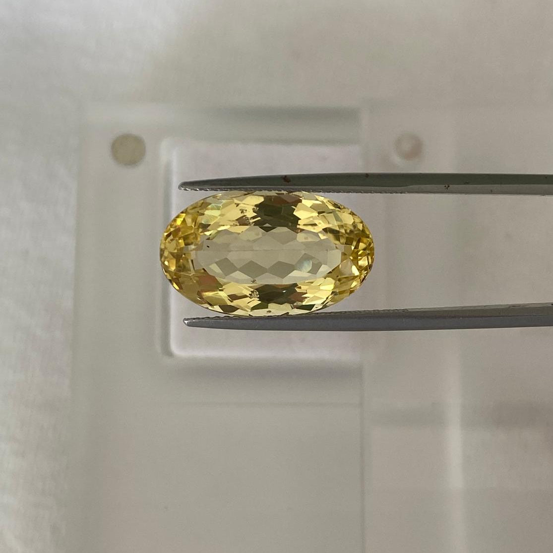 An oval-cut yellow gemstone held horizontally by metal tweezers against a plain light background.