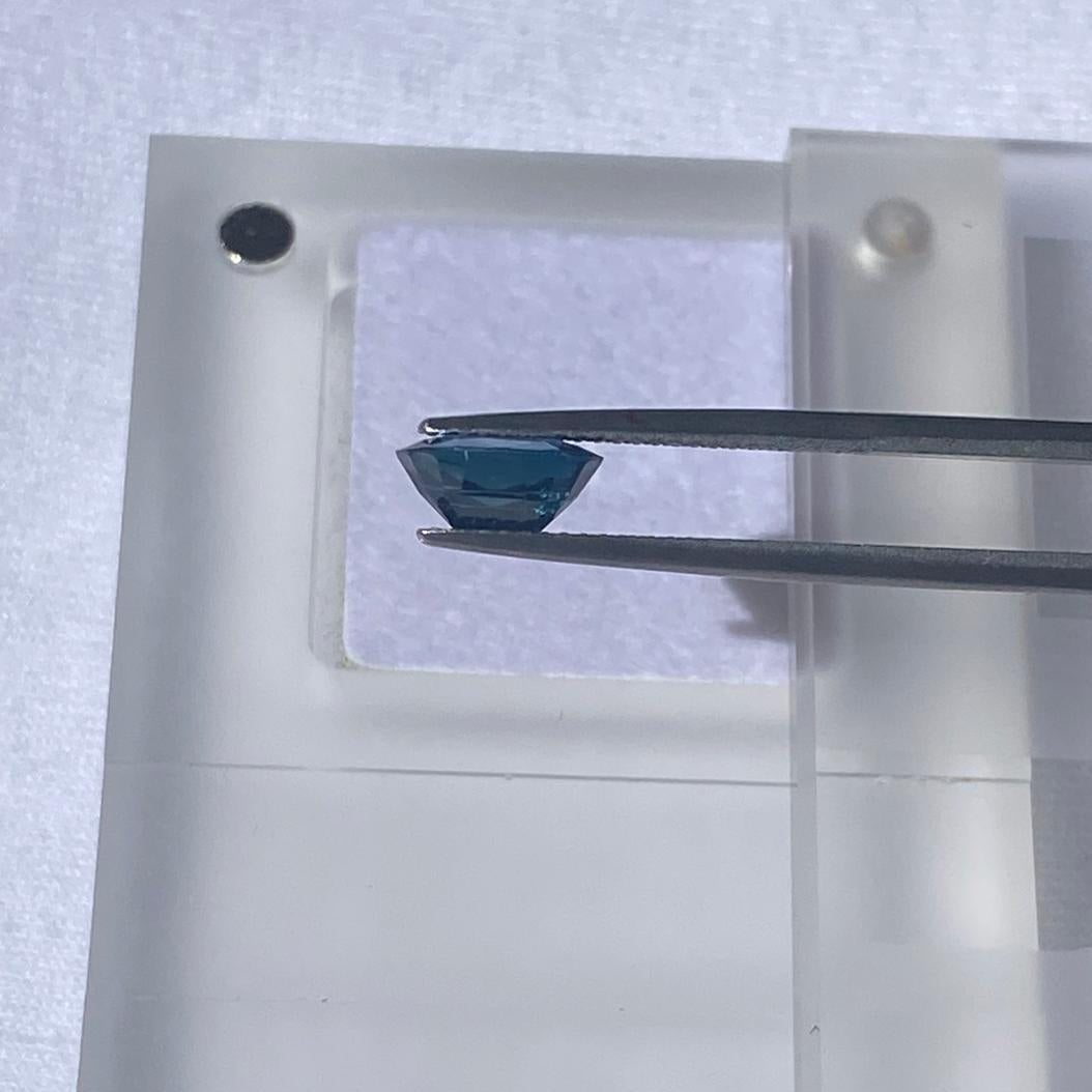 A faceted blue sapphire held by metal tweezers over a translucent acrylic display block on a light fabric background.