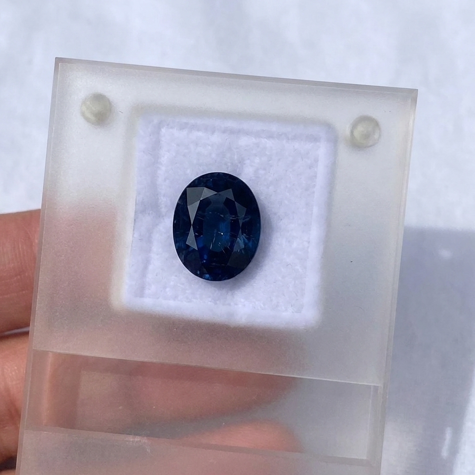 A faceted oval dark blue sapphire displayed in a clear acrylic holder with a white insert, held by a hand against a light background.