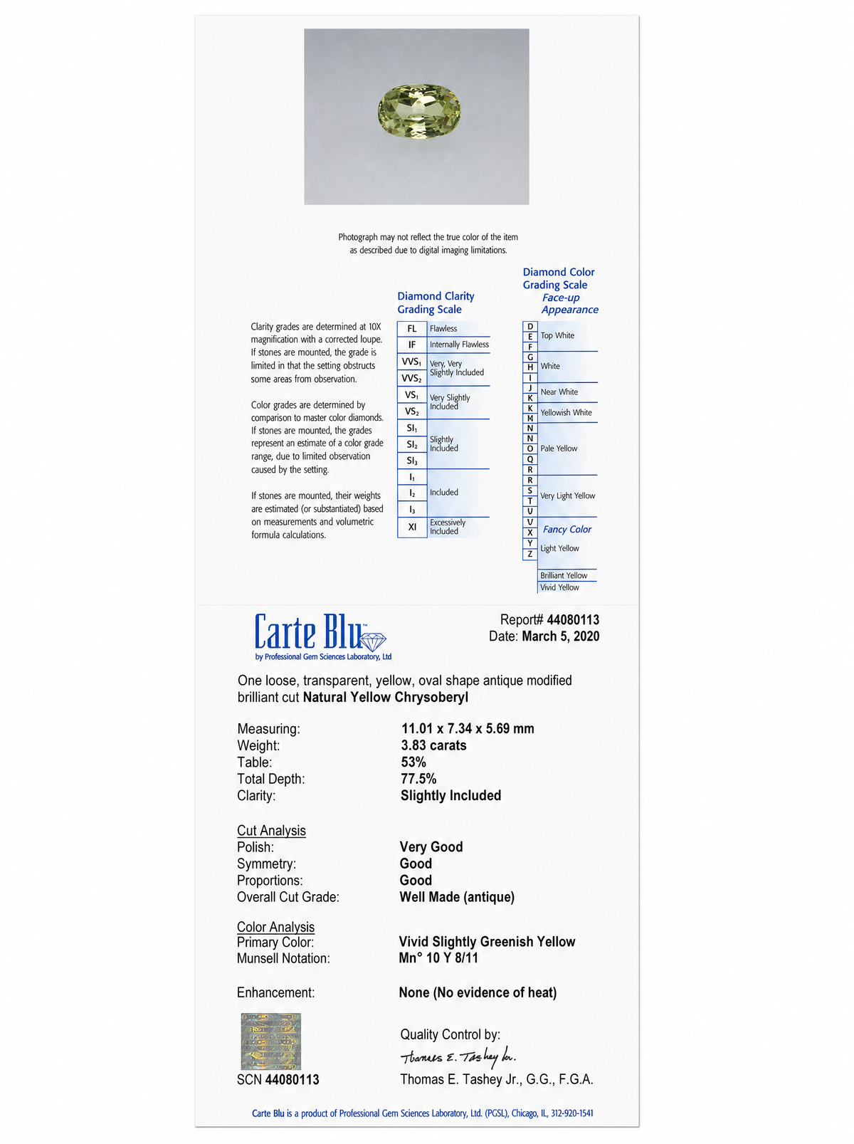 Carte Blu laboratory report for the 3.83 ct natural yellow chrysoberyl.
