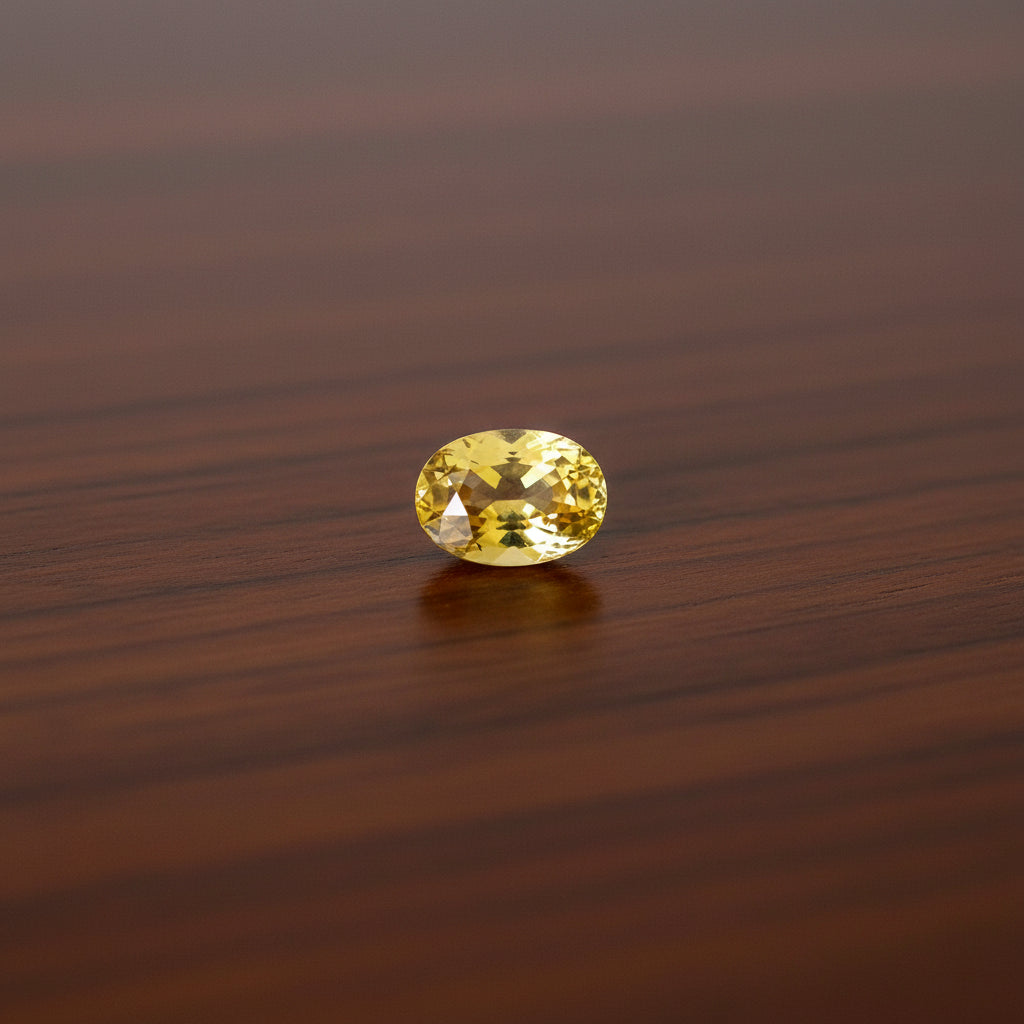 A small oval yellow sapphire displayed in a white foam insert mounted on a translucent white plastic holder, photographed against a light fabric background.