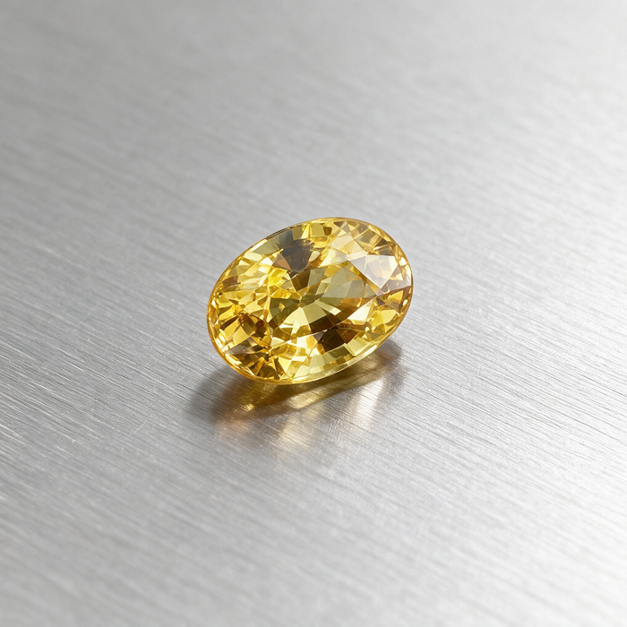 An oval-cut yellow sapphire with faceted reflections, resting on a brushed silver metal surface.