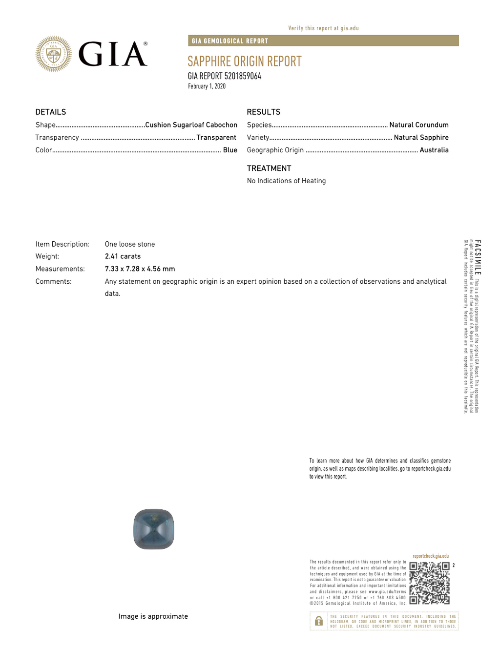 GIA Sapphire Origin Report 5201859064 for the 2.41 ct unheated Australian blue sapphire.