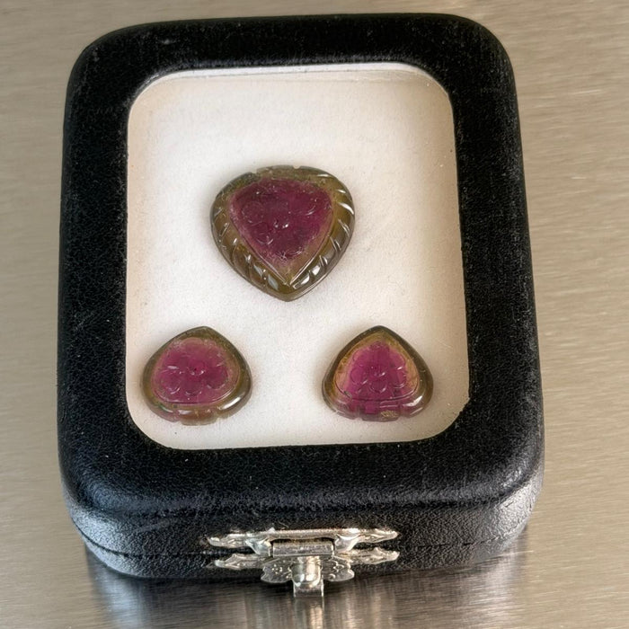 17.41 ctw carved watermelon tourmaline suite displayed as three matching pieces in presentation box, Otzera OTZ-2026-00326