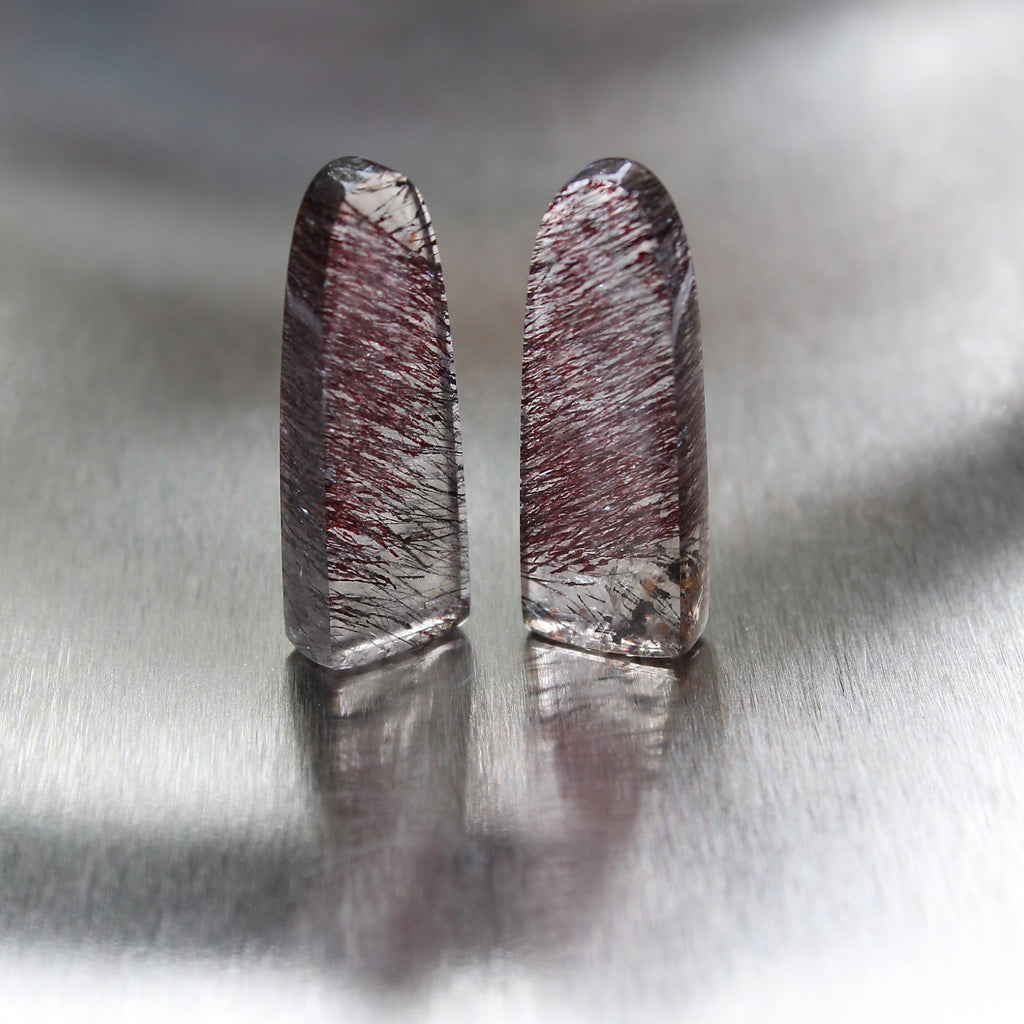 Matched tourmalinated quartz obelisks with fine included needles, alternate view, Otzera OTZ-2026-00327