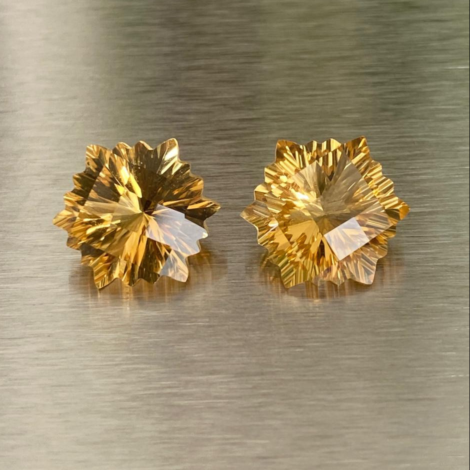 7.81 ctw matched pair of golden custom-cut citrines with snowflake-like outlines, Otzera OTZ-2026-01631