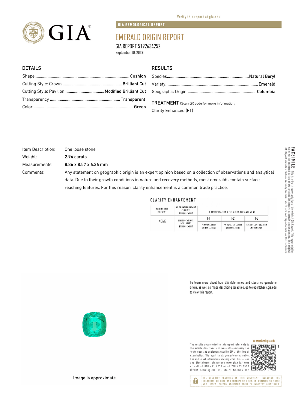 GIA Emerald Origin Report 5192634252 for 2.94 ct Colombian emerald, Otzera OTZ-2026-01642