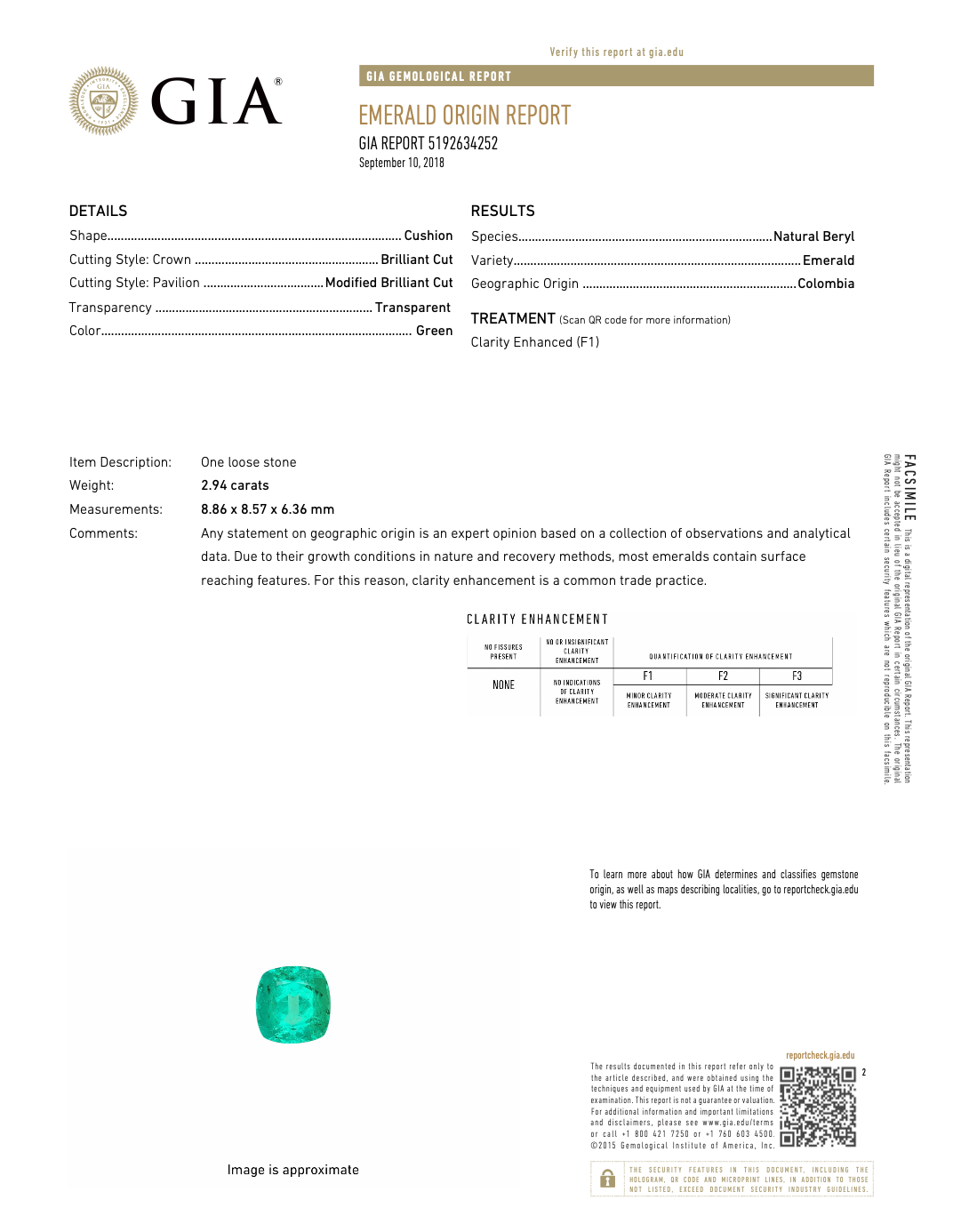 GIA Emerald Origin Report 5192634252 for 2.94 ct Colombian emerald, Otzera OTZ-2026-01642