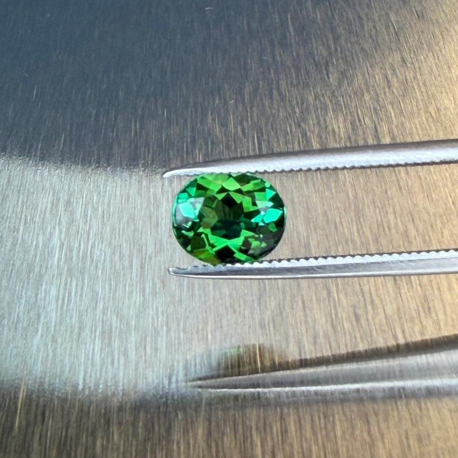 1.20 ct Brazilian blue-green tourmaline held in tweezers, face-up view, Otzera OTZ-2026-01650