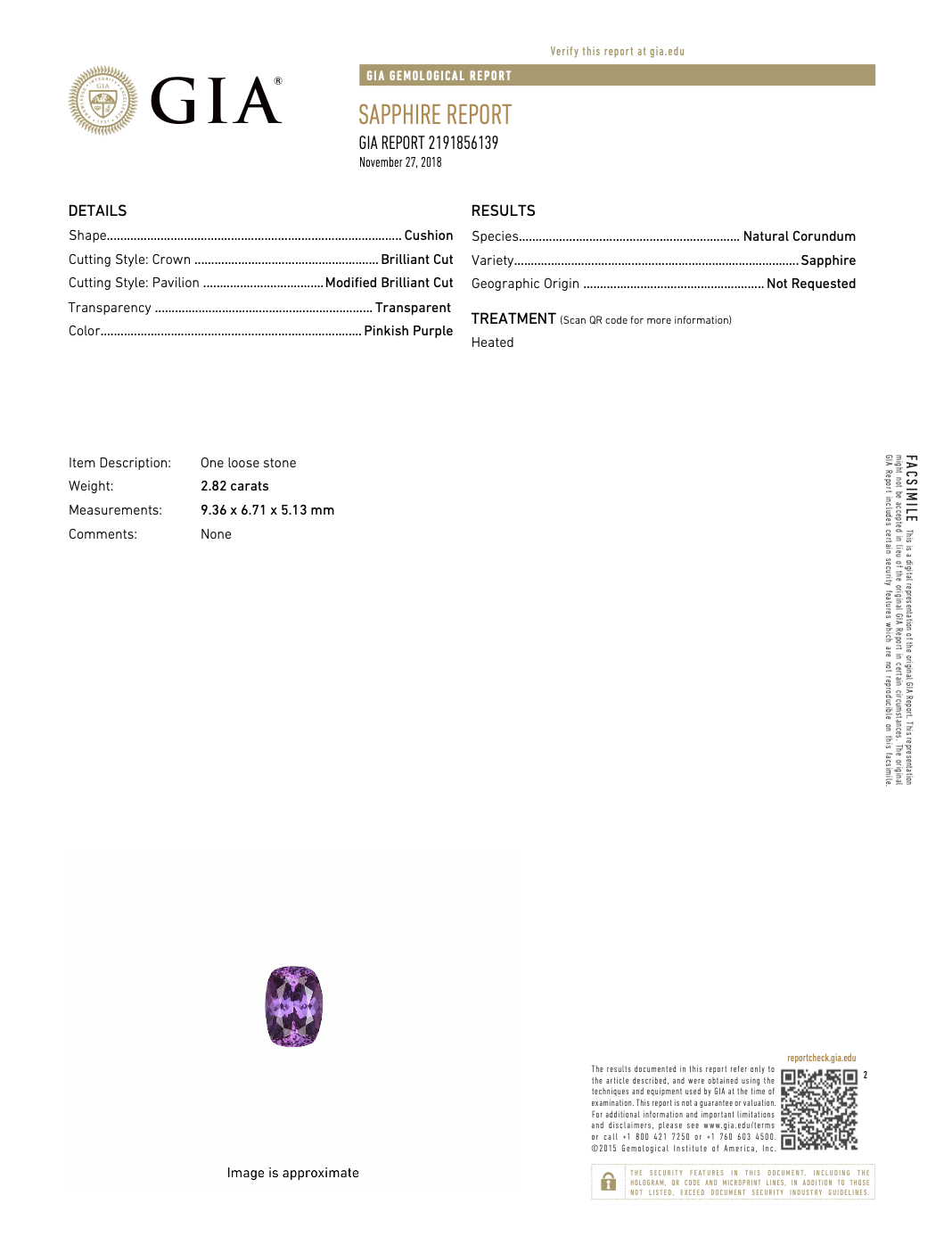 GIA Sapphire Report for 2.82 ct natural pinkish purple sapphire, heated