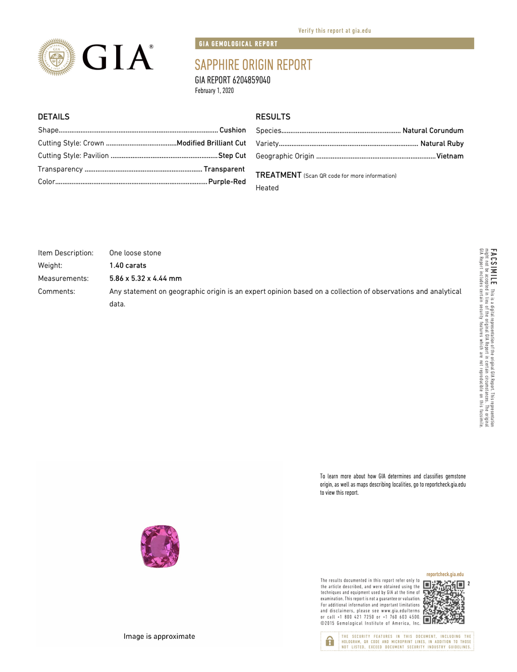 GIA Sapphire Origin Report for 1.40 ct natural ruby from Vietnam, heated