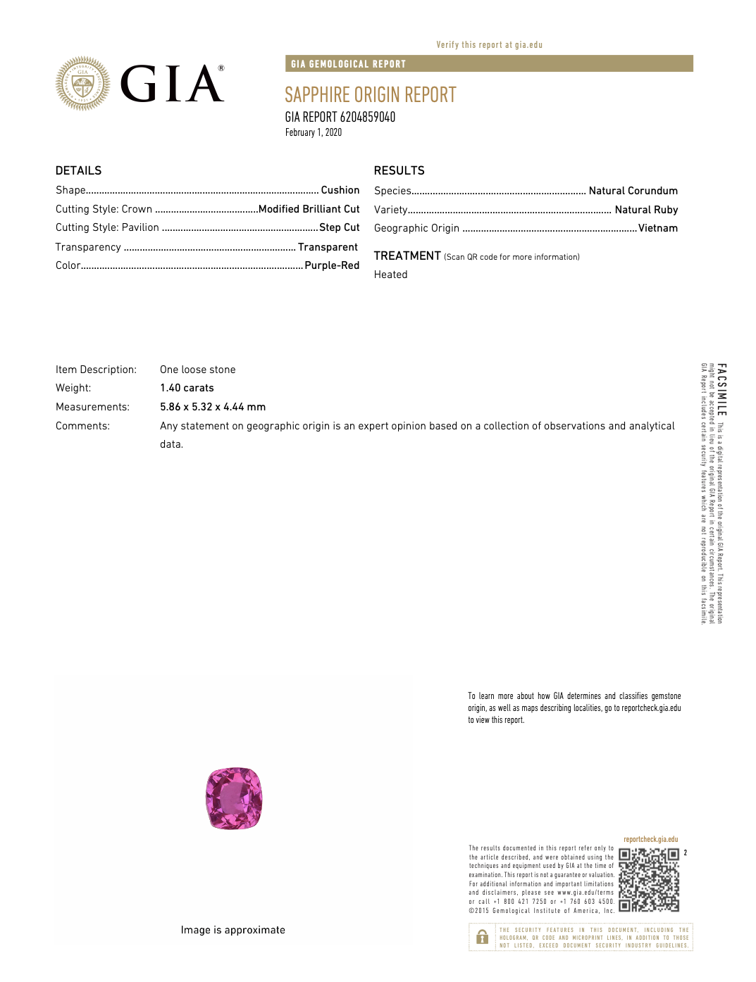 GIA Sapphire Origin Report for 1.40 ct natural ruby from Vietnam, heated