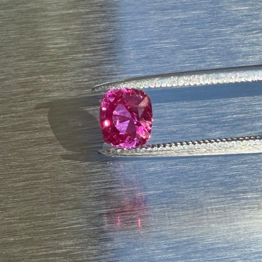 1.40 ct natural Vietnam ruby, cushion mixed cut, angled view