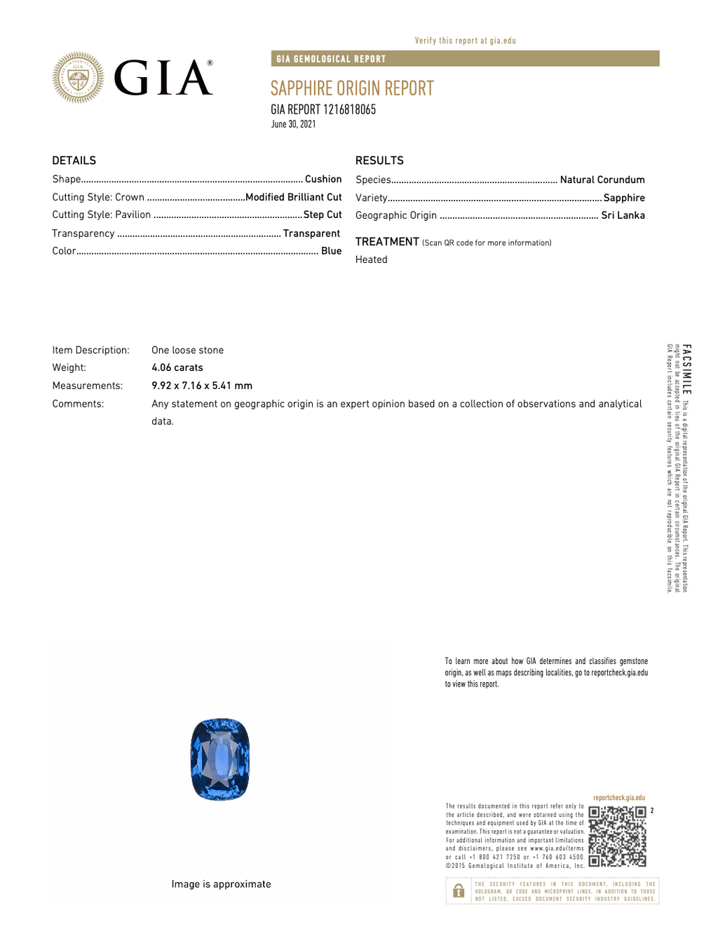 GIA Sapphire Origin Report for 4.06 ct natural blue sapphire from Sri Lanka, heated