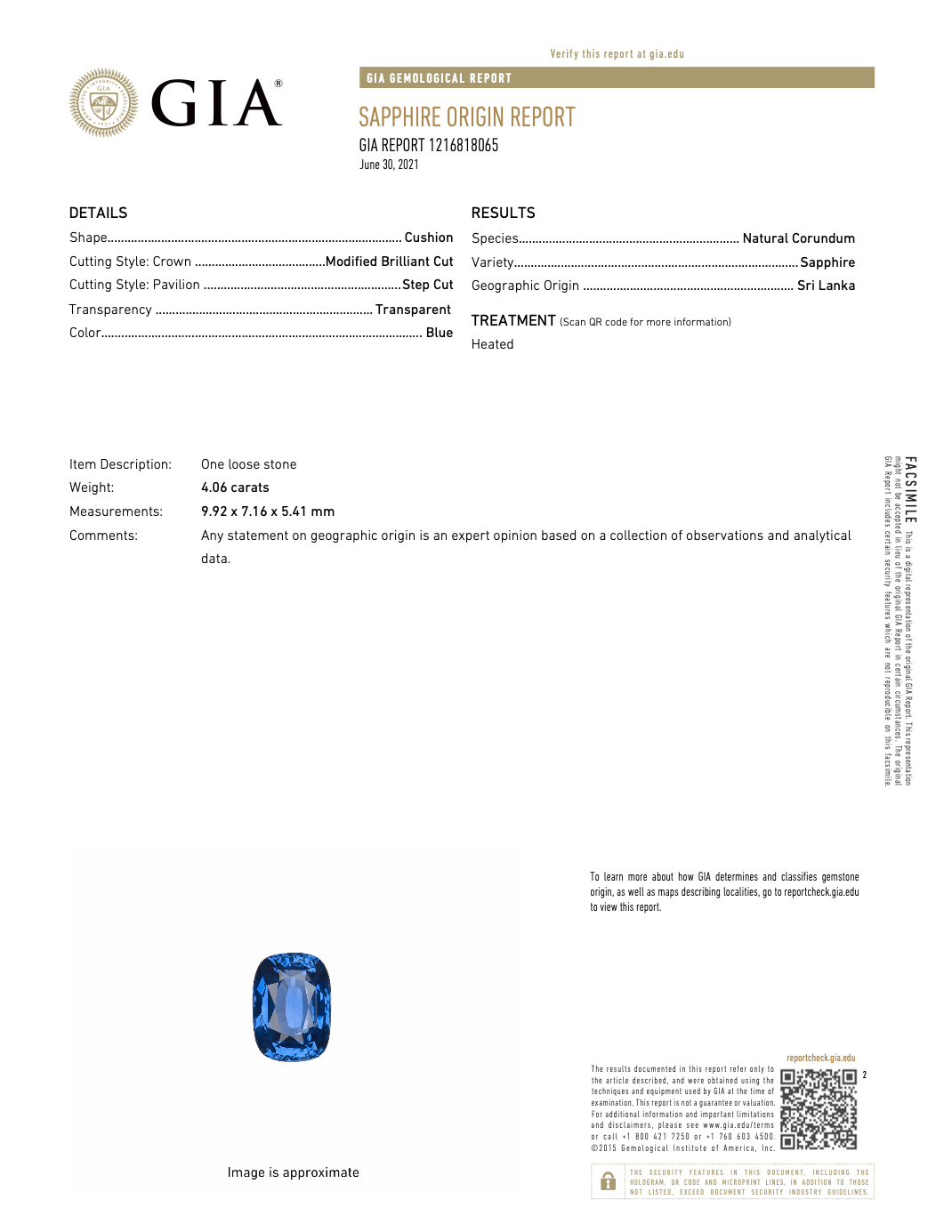 GIA Sapphire Origin Report for 4.06 ct natural blue sapphire from Sri Lanka, heated