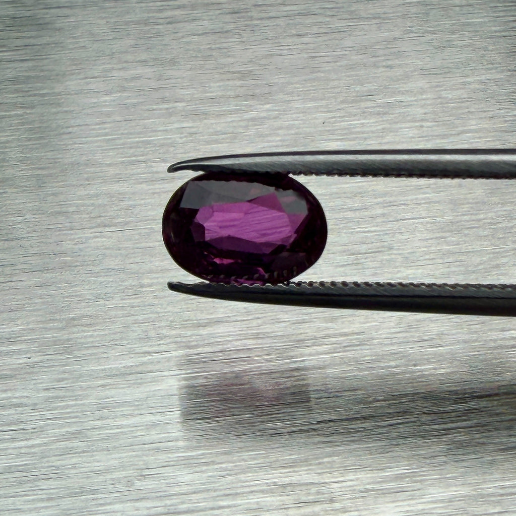 1.66 ct natural unheated ruby held in tweezers, face-up oval view, Otzera OTZ-2026-01665