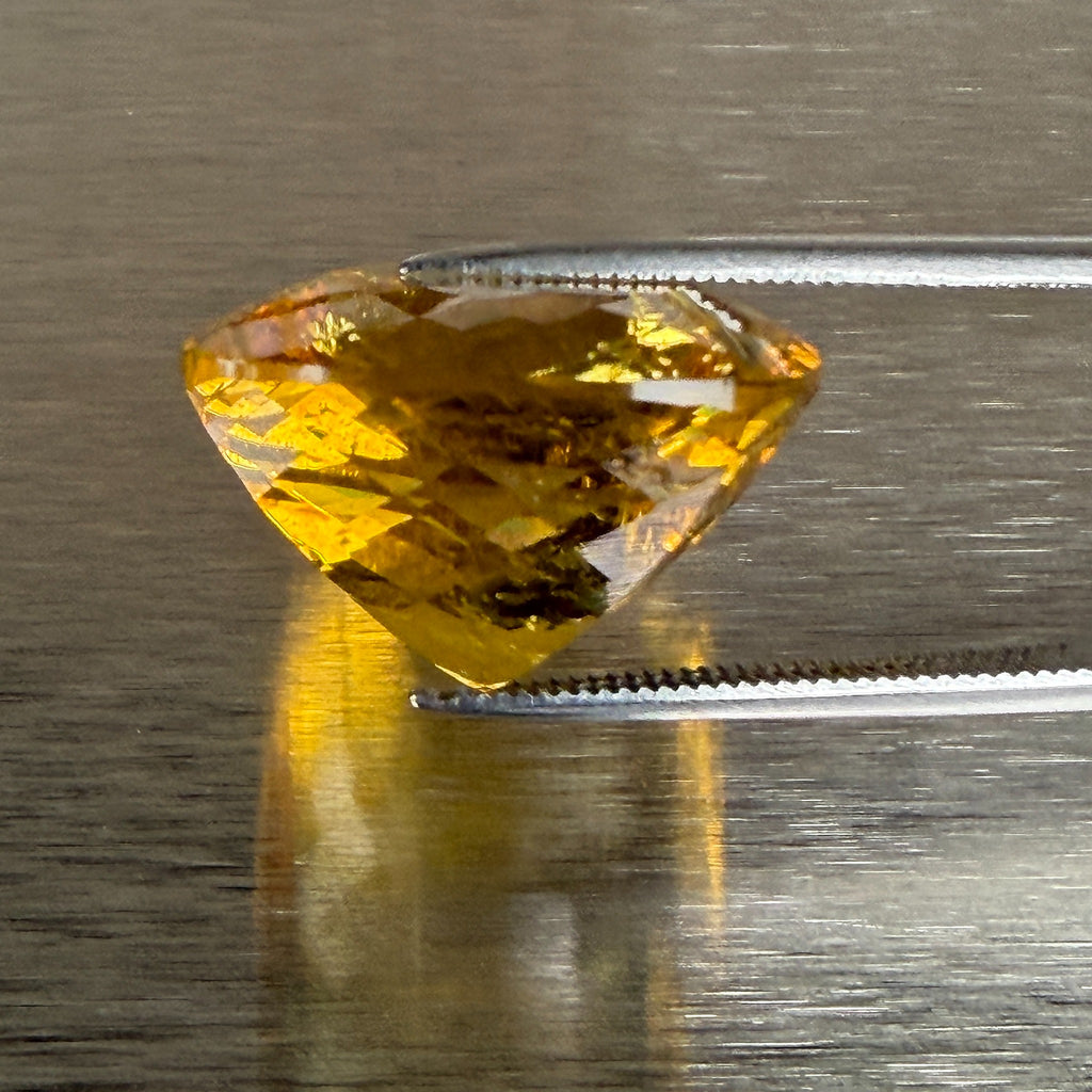 23.93 ct golden beryl heliodor held in tweezers, side profile showing precision cut, Otzera OTZ-2026-01670