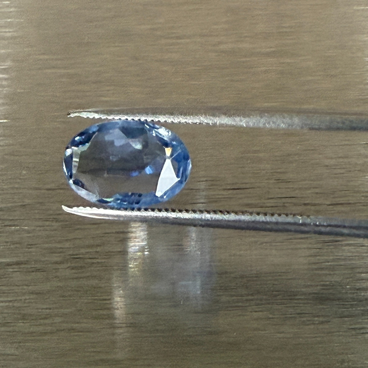 2.44 ct unheated blue sapphire held in tweezers, face-up oval view, Otzera OTZ-2026-01672