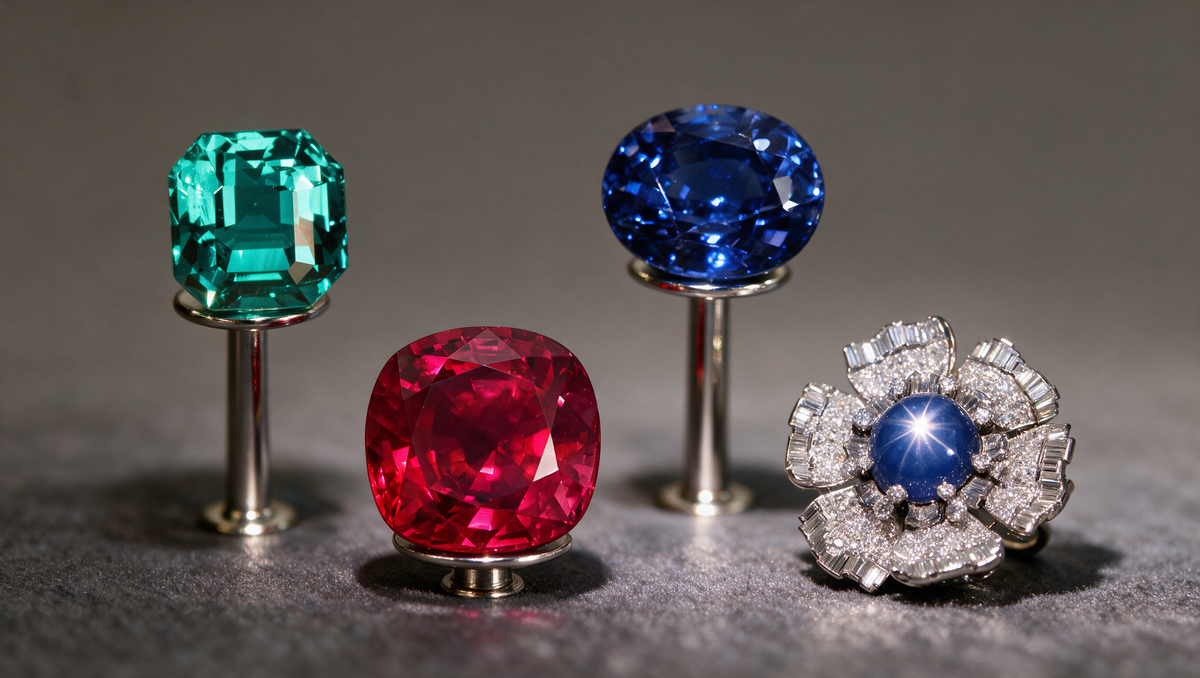 Four gemstones on slender display stands: an emerald-cut green emerald, a cushion-cut red ruby, an oval blue sapphire and a star sapphire set in a diamond mount.