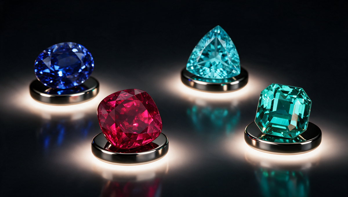 Four gemstones lit on dark pedestals: an oval blue sapphire, a cushion-cut red ruby, a blue-green trilliant and an emerald-cut green gemstone.