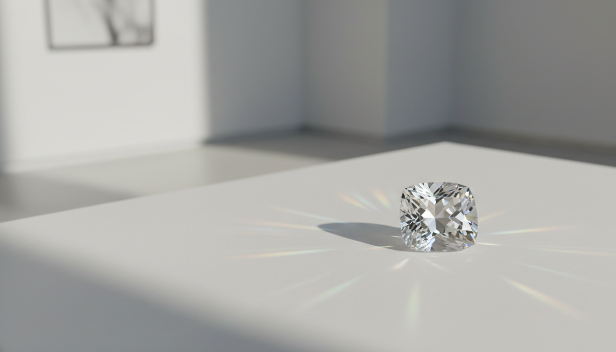 A single cushion-cut colorless gemstone resting on a pale surface, scattering rainbow flashes in daylight.